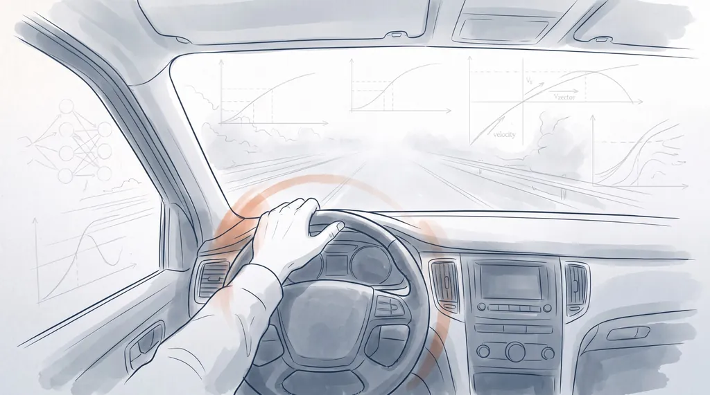Illustration d’un habitacle de voiture : une main posée sur le volant, soulignée d’un halo orange, face à une route qui se perd dans la brume. Des courbes de vitesse esquissées sur le pare-brise évoquent l’anticipation.