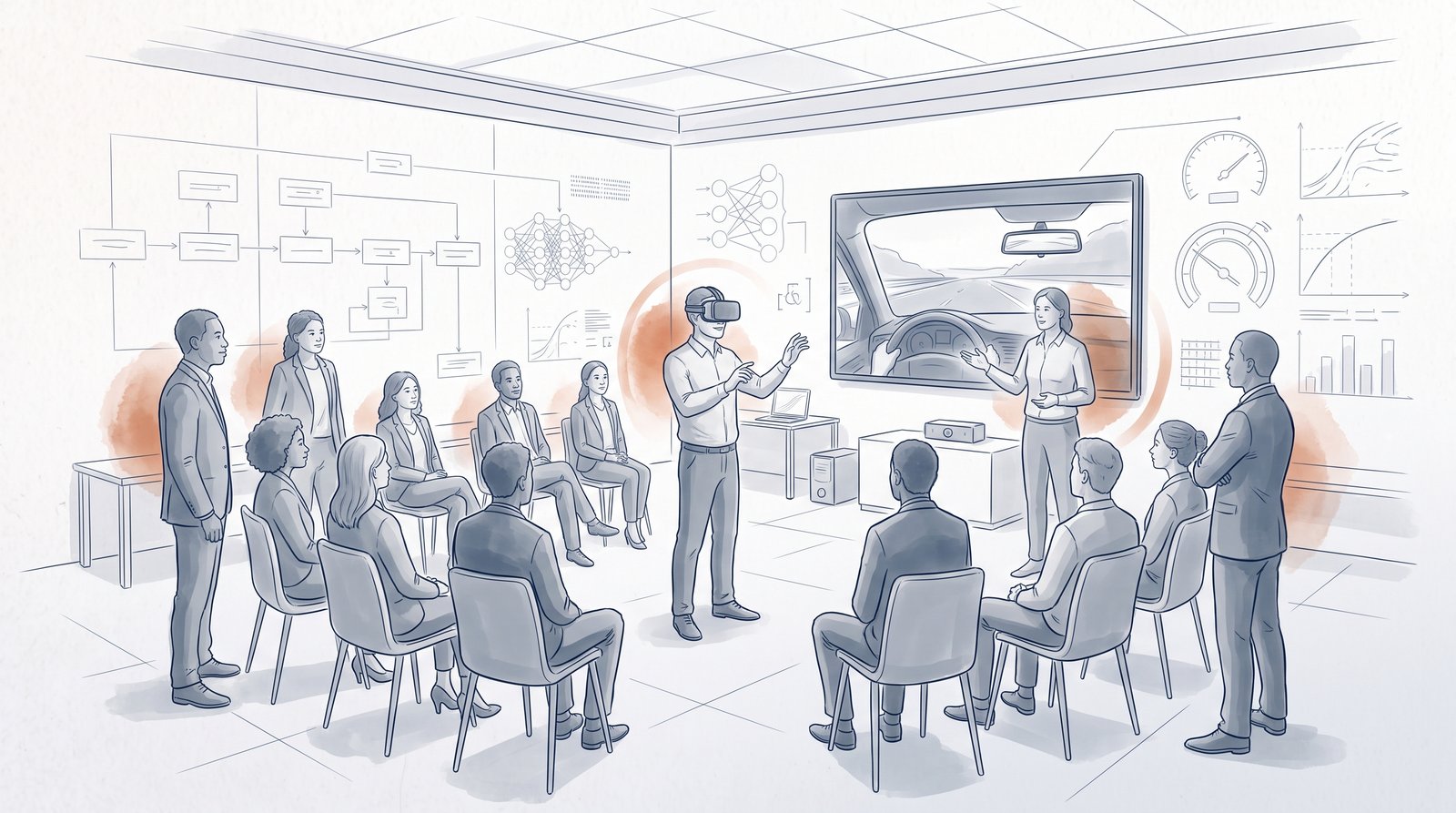 Illustration d’une salle de formation. Un participant équipé d’un casque de réalité virtuelle se tient au centre d’un groupe assis en cercle, tandis qu’une formatrice désigne un écran qui projette sa vue de conduite.