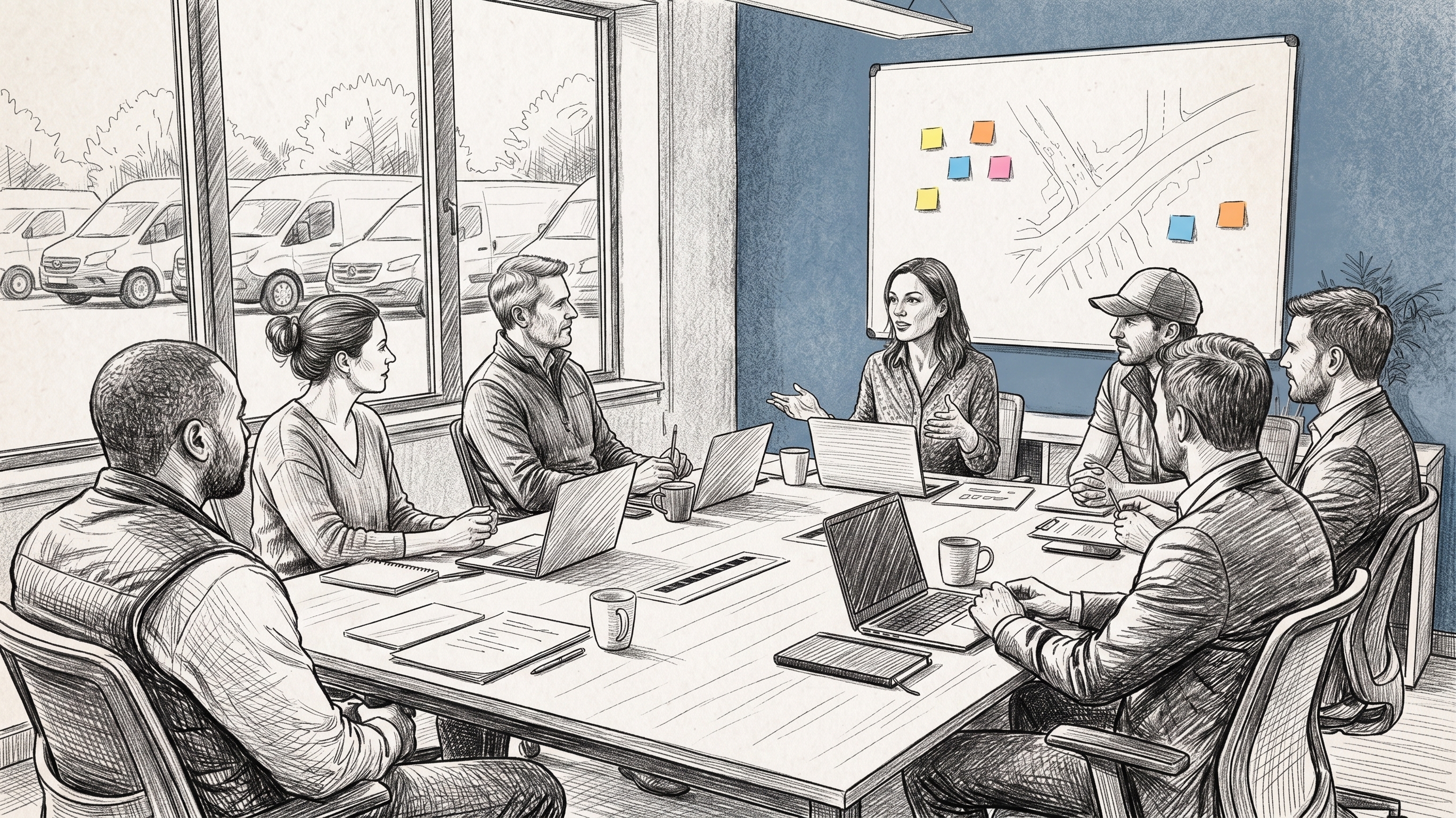 Illustration : une animatrice échange avec un groupe de salariés autour d'une table de réunion ; des utilitaires sont garés à l'extérieur