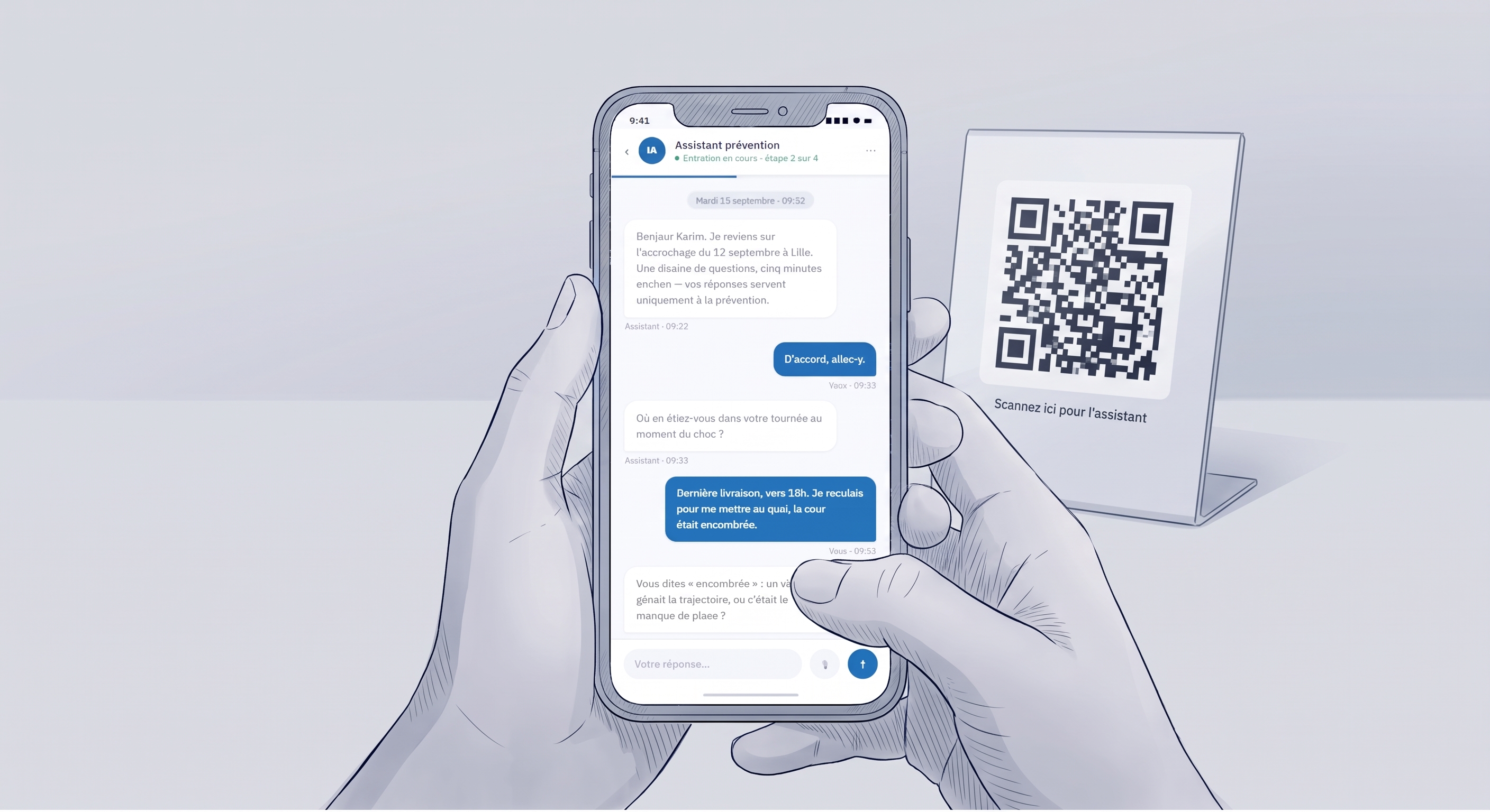 Sur son téléphone, le collaborateur échange avec l'agent conversationnel après avoir scanné un code ; l'assistant revient sur le déroulé de l'accident.